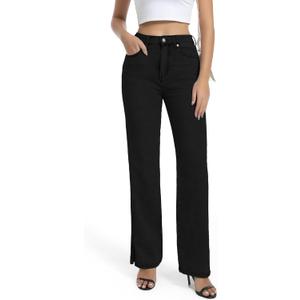 Womens Jeans High Waisted Stretchy Straight Leg Split Hem Jeans for Women Trendy Classic Denim,Black 8