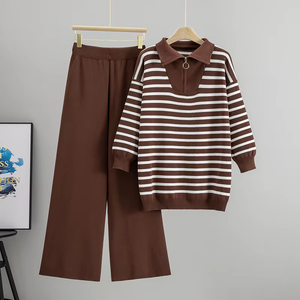 Two Piece Women Sweatsuits Stripe Quarter Zip Long Sleeve Sweater Knitted Stripe Pullover Sweatshirts Lounge Sets Size L