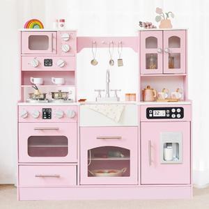 Wooden Play Kitchen for Toddlers and Kids with Lights & Sounds, Large Interactive Pretend Play Set with Ice Maker, Stove, Sink, Oven, 12 Accessories - Ages 3-8, 38 inches x 8 inches x 15 inches