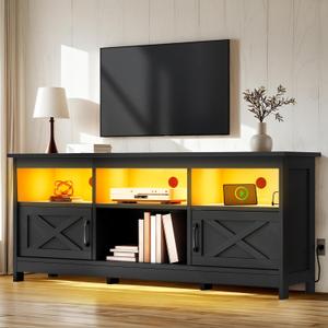 YITAHOME TV Stand for 65 Inch TVs, Entertainment Center with Storage Cabinets, Power Outlet & LED Light, Media TV Console with Barn Doors for Living Room, Black, 59"W