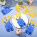 30 Sets Yellow Jeans Cartoon Themed Birthday Silverware Disposable Knife Fork Spoon with Blue Jeans Cutlery Bags for Birthday Party Favors Guests Table Decorations