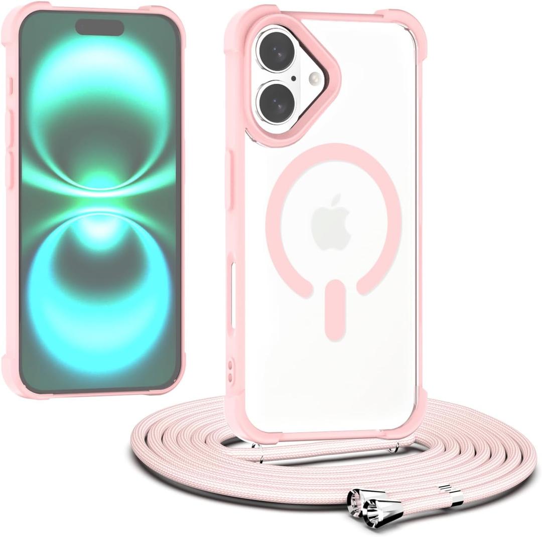 Magnetic Crossbody Lanyard Case for iPhone 16, Ultra Clear Case Compatible with MagSafe Shockproof with Strap Adjustable Neck Cord Necklace Cover for iPhone 16-Pink