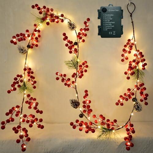 6.56FT Christmas Garland Decorations Red Berry Garlands with Lights 96 Fairy LED Lights Lighted Pine Garland for Mantle Fireplace Table Stairs Railing Xmas Tree Indoor Outdoor Winter Holiday Decor