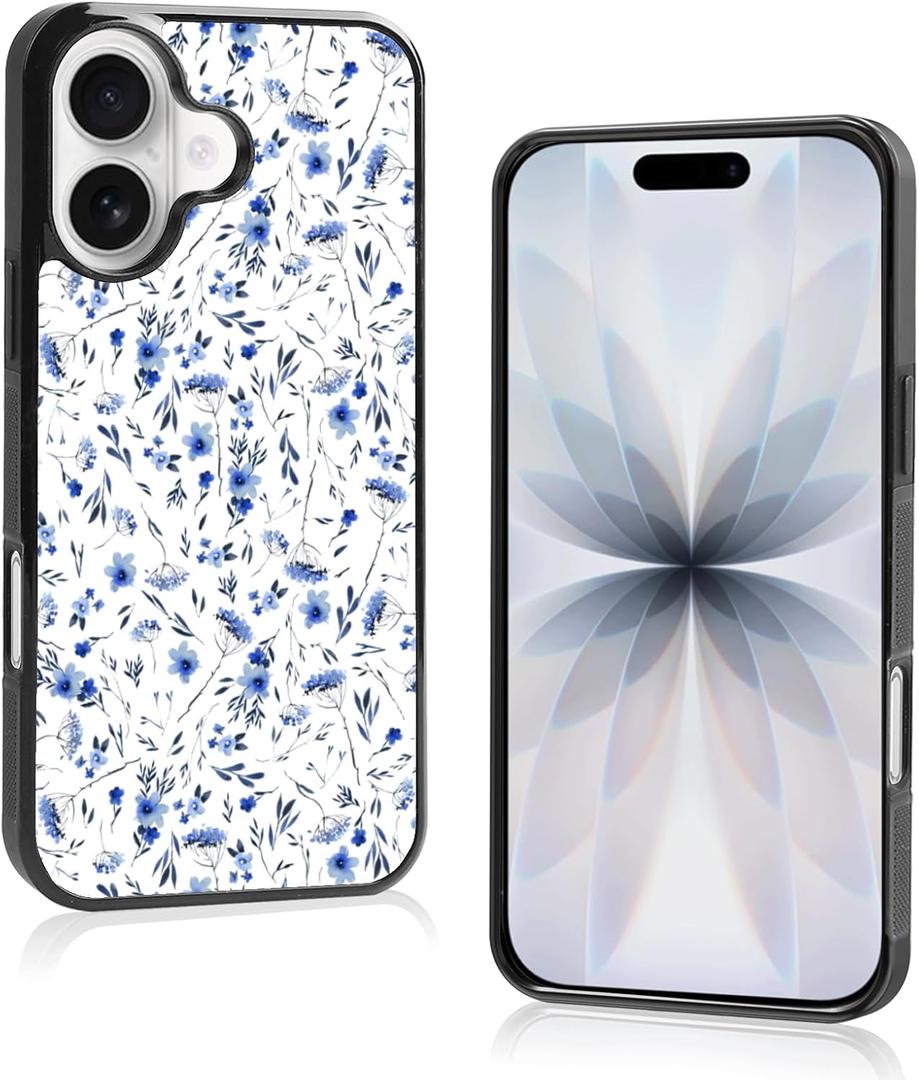 Cute Blue Flower Floral Aesthetic Phone Case for iPhone 17 Case for Teen Girls Women Kids Girls -6.3Inch