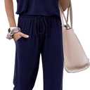 MASCOMODA 2 Piece Outfits for Women 2025 Summer Casual Quarter Zip Short Sleeve Tops Long Pants Tracksuit Jogger Lounge Sets (XX-Large, Navy)