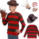 Nightmare Killer Costume Kids Striped Sweater Krueger Hat Glove Scar Stickers Halloween Costume 3-14 Years (X-Large/11-12 Years, Red)