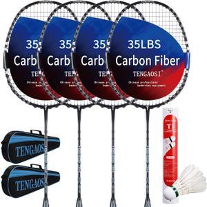 Professional Badminton Rackets Set of 4 Sports Outdoor Backyard or Indoor Badminton Game Set with Shuttlecocks- Includes 4 Black Rackets, 12 Duck Feather Badminton Shuttlecocks, One Size