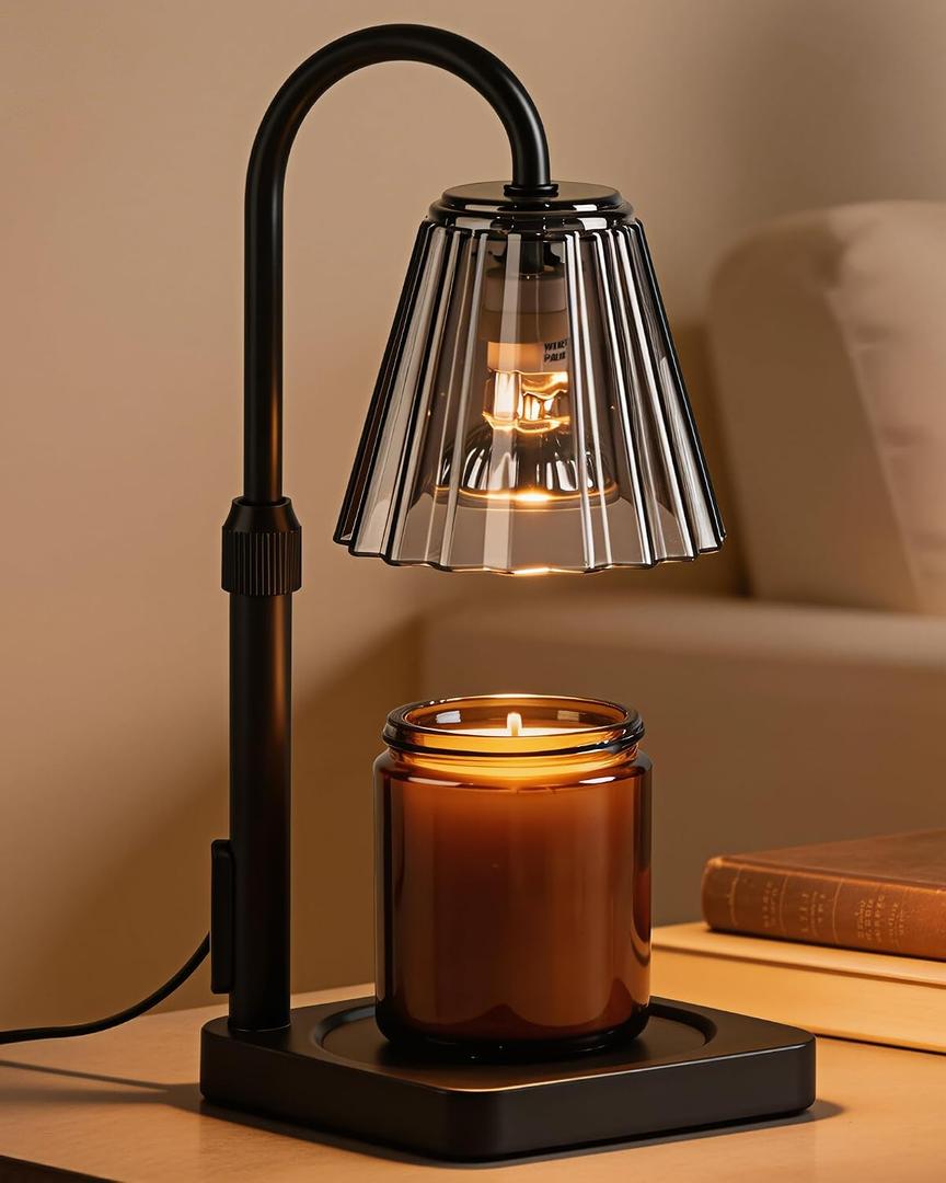 Candle Warmer Lamp with Timer & Dimmer, Shatterproof PC Shade, Adjustable Height for Jar Candles up to 5.3" Tall, Modern Black Electric Wax Melt Warmer for Bedroom Dorm Office, Gift, 2 Bulbs