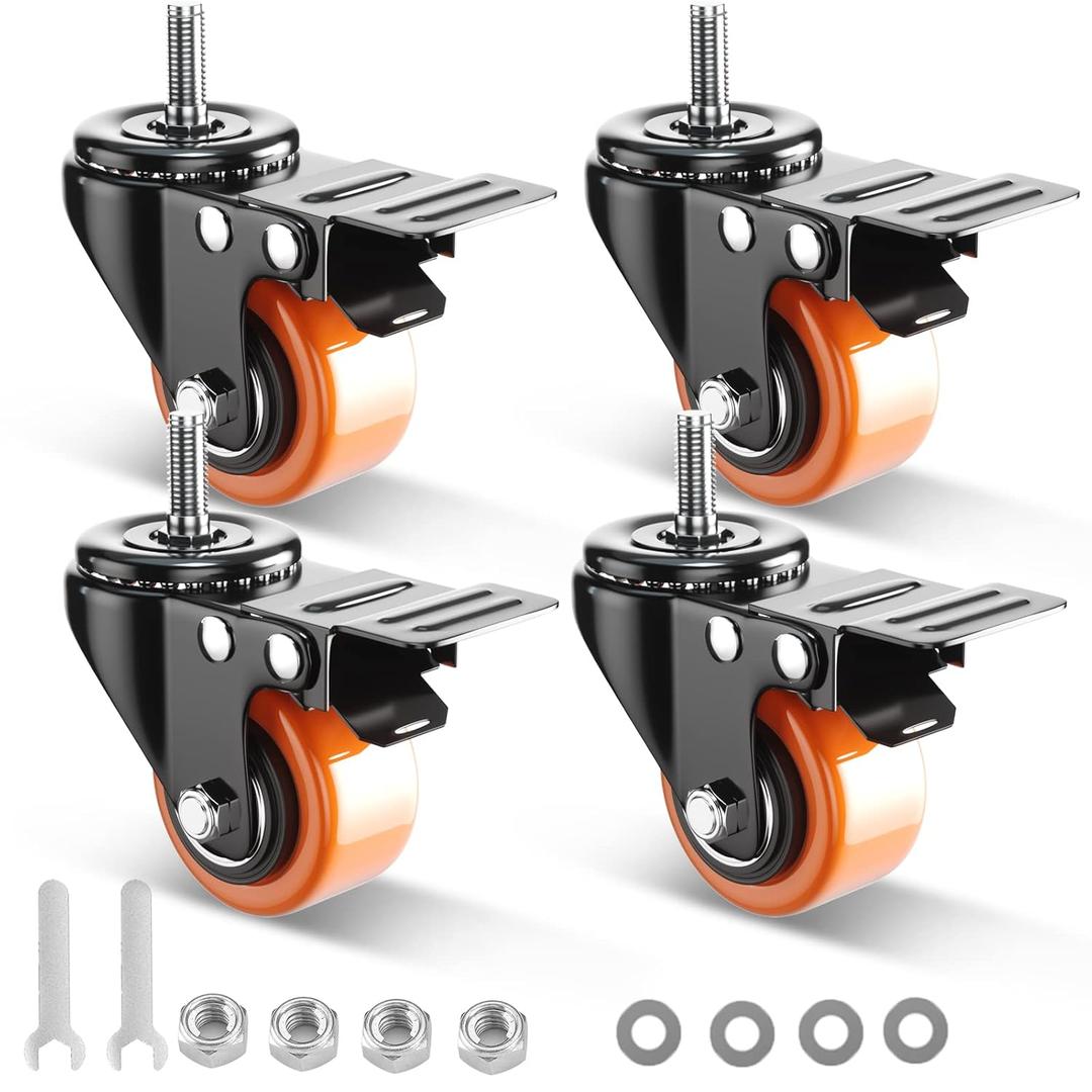 2 Inch Caster Wheels, Threaded Stem Casters Set of 4 Heavy Duty, 1/2"-13 x 1 (Screw Diameter 1/2", Stem Length 1"), Safety Dual Locking Industrial Castors, Wheels for Cart, Furniture