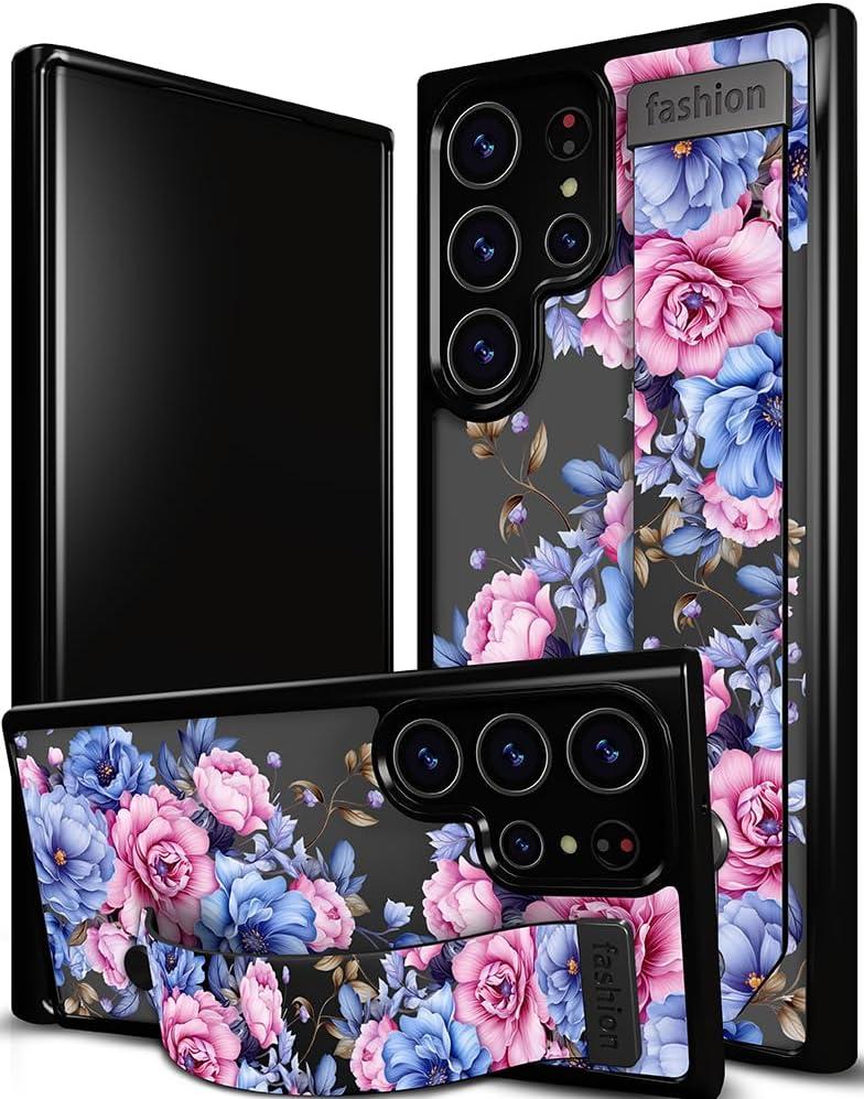 Compatible for Samsung Galaxy S24 Ultra Case Cute with Strap Stand Finger Kickstand, Designer Cool Silicone Cases Funda Cover - Pink Rose Flowers Peonies