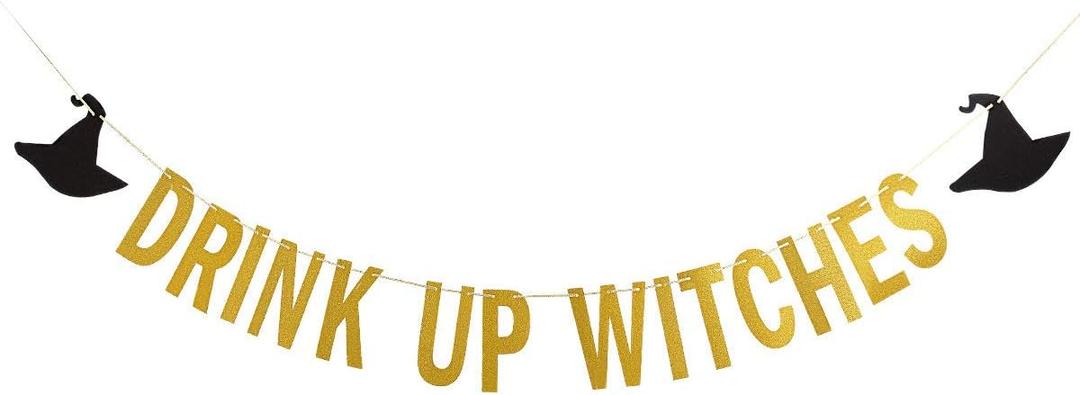 2 x Gold Drink Up Witches Banner Halloween Bachelorette Witches Banner Witches Halloween Party Banners for Witch Bachelorette Party Decorations