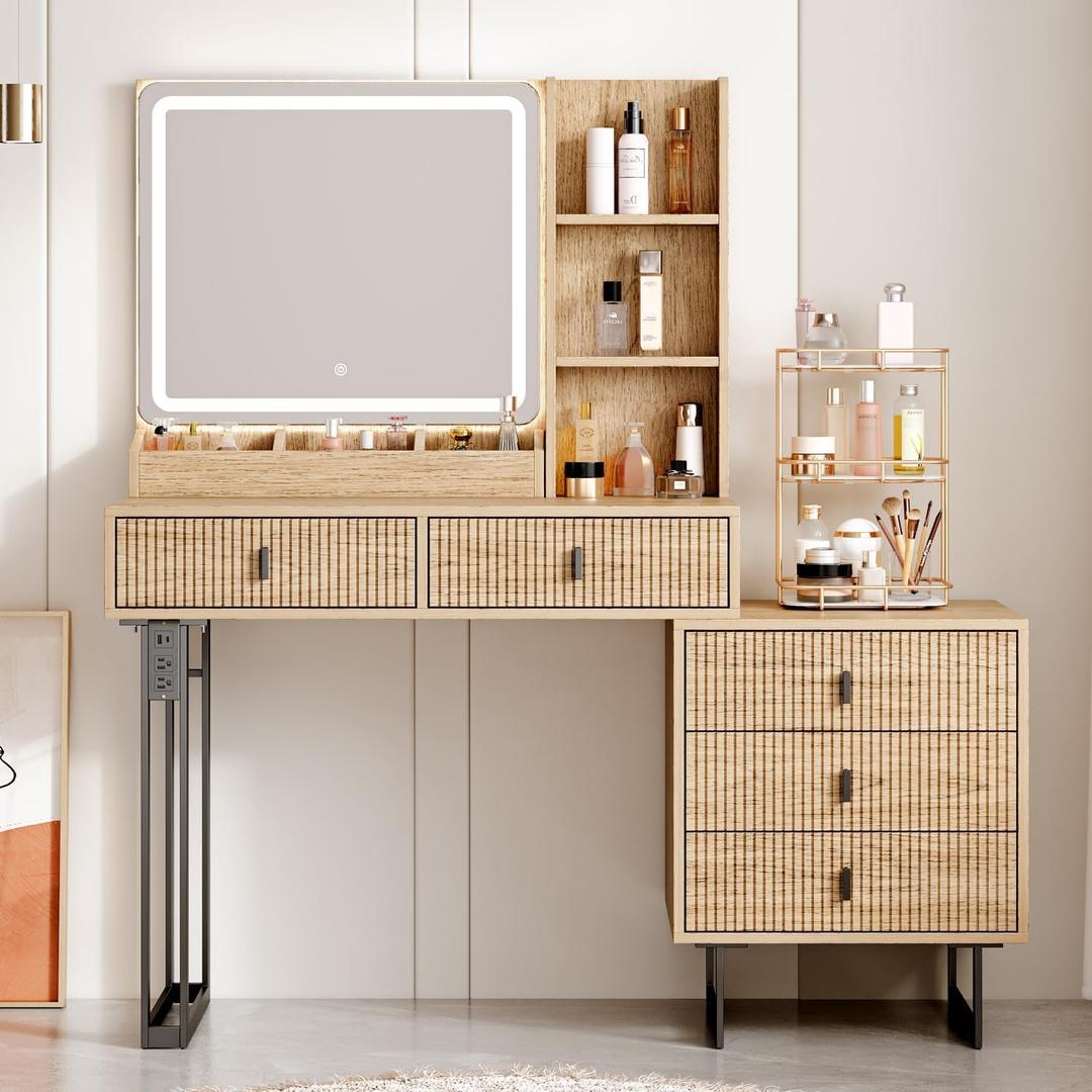 Large Vanity Desk with 3 Color Touch Screen Dimming Mirror, Vanity Desk with Charging Station, Modern Retractable Makeup Dressing Table, Makeup Table With storage shelves and 5 Sliding Drawers, Oak, 15.75D*35.43-50W*52.76H