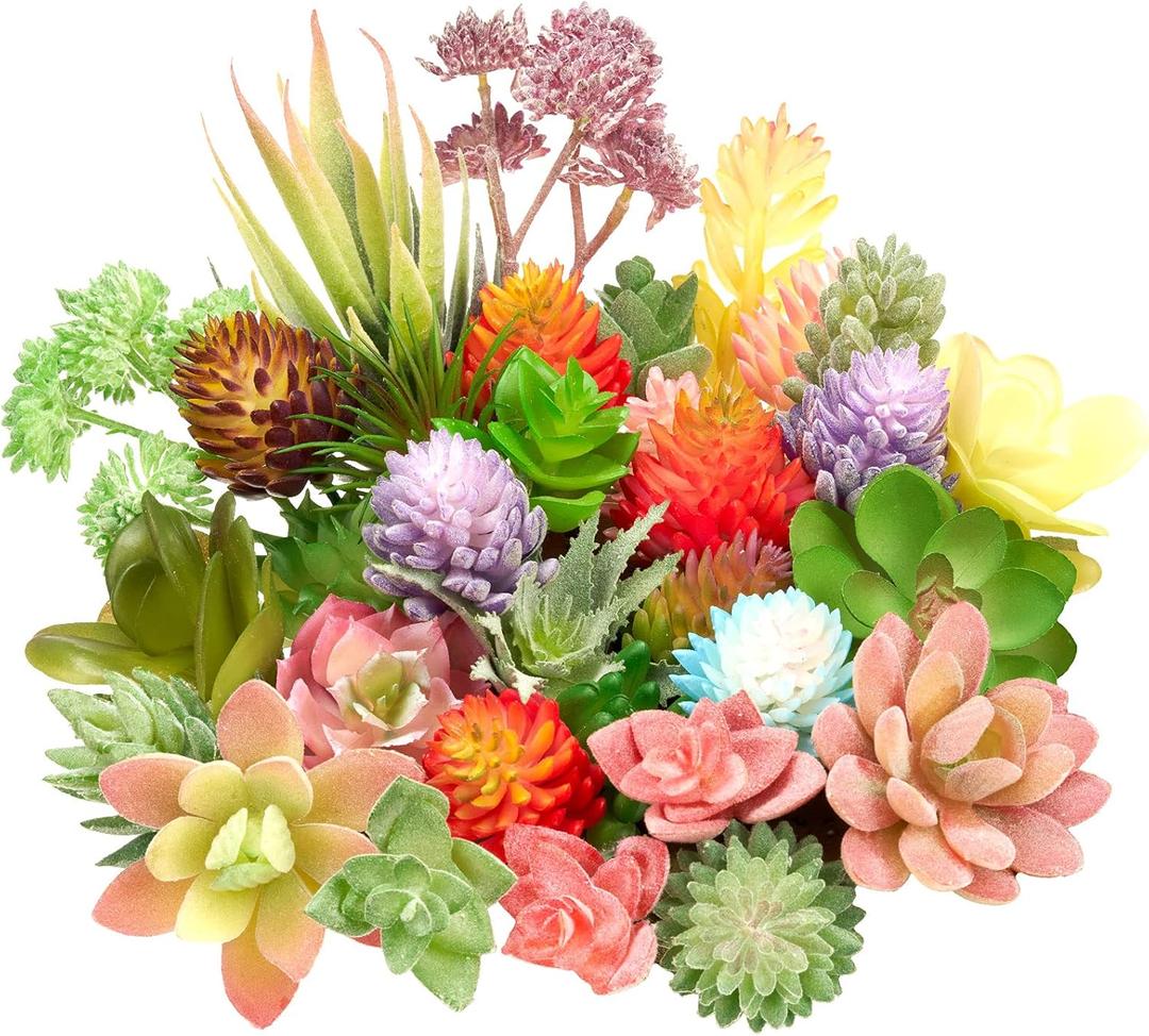Jutom 32 Pieces Mini Artificial Succulents Unpotted Realistic Artificial Fake Plants Colorful Faux Succulents Small Cactus Plants for Garden Flower Kitchen Home Decor