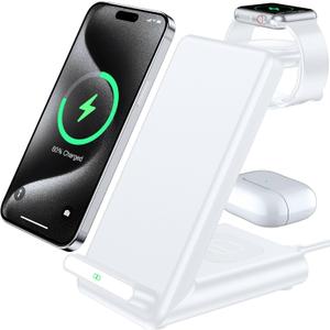 Wireless Charging Station,3 in 1 Charging Stand Made for Apple Watch Ultra 10 9 8 7 6 SE 5 4 3,Fast Wireless Charger Made for iPhone 16/15/14/13/12/11/X,for AirPods Pro(with Adapter) (White)