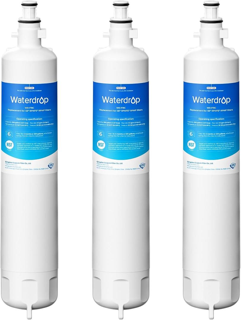 Waterdrop Replacement for GE RPWFE, RPWF (Built-in CHIP) Refrigerator Water Filter, Compatible with GFE28GYNFS, GFE28GELDS, PFE28KELDS, PFE28KYNFS, GFD28GELDS, PWE23KELDS, PWE23KMKES, 3 Filters