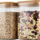 D2scrma 122oz Airtight Glass Square Storage Canister with Bamboo Lid Set of 2(3600ml*2) Large Storage Container Gallon Glass Jars, for Sugar, Flour, and Coffee bean (with Black Lable)