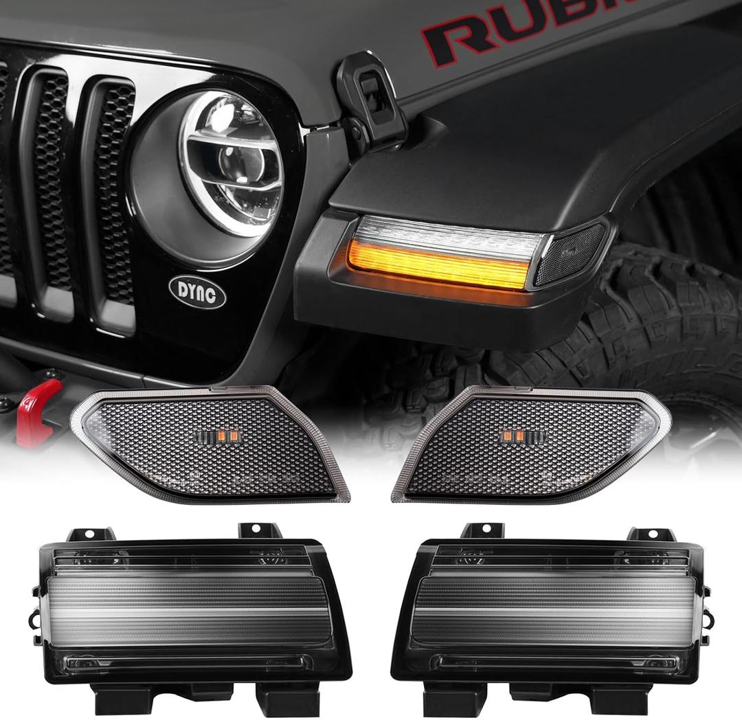Sequential Flashing Turn Signal Lamp & Side Marker Light Set for Jeep Wrangler JL 2018-2023 & 20+ Gladiator JT OE Dula Halogen Bulbs with DRL, Smoke LensNot Fit JL Sport, JLU & Willys