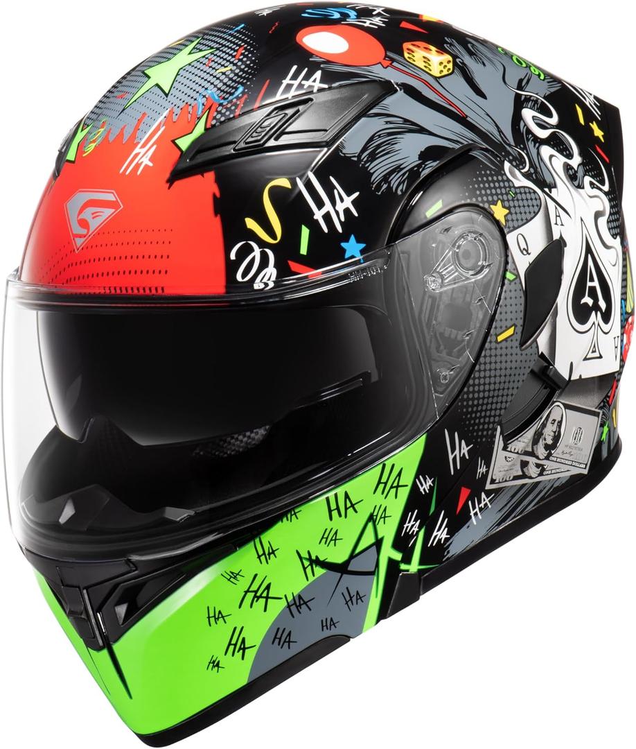 KYPARA Motorcycle Dual Visor Flip up Modular Full Face Helmet with DOT Certification of Impressionism (Black Pocker, L)