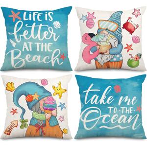 AnyDesign Summer Beach Pillow Cover Funny Gnome Starfish Throw Pillow Case Blue Ocean Beach Cushion Cover for Indoor Outdoor Home Bed Sofa Decoration, 18 x 18 Inch, Set of 4