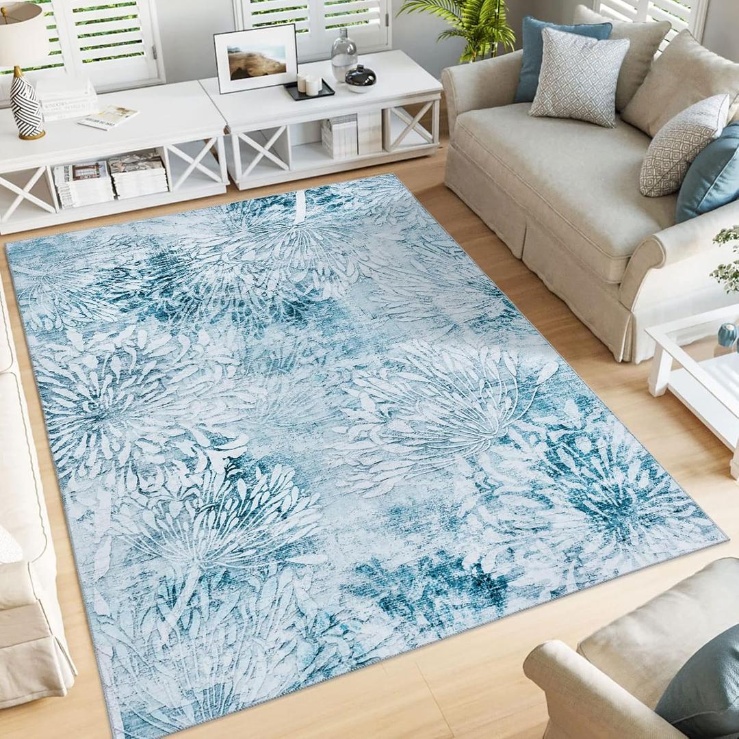 DECOMALL Jasmine Machine Washable Area Rugs, Modern Floral Rug, Foldable Carpet for Living Room Bedroom Dinning Room,3' 6" x 5' 6", Blue/White DECOMALL Jasmine Machine Washable Area Rugs, Modern Floral Rug, Foldable Carpet for Living Room Bedroom Dinning Room,3' 6" x 5' 6", Blue/White
