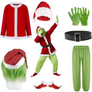 Green Santa Monster Adult Christmas Costume Set - 7PCS Santa Claus Outfit with Mask Included