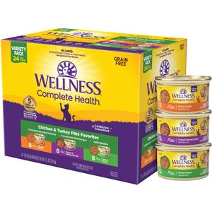Wellness Complete Health Pate Variety Pack Adult Canned Wet Cat Food, Natural, Protein Rich, Grain Free, Chicken and Turkey Favorites, 3 oz, Pack of 24 Cans (EXP 04/25/28)