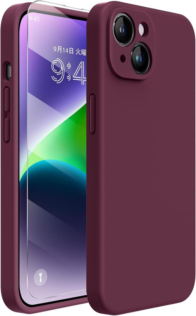 Miracase Designed for iPhone 14 Case with Screen Protector,[Upgraded Enhanced Camera Protection],Shockproof Liquid Silicone Case with Microfiber Lining, 6.1 inch, Wine Red