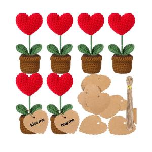Hotop Valentine's Day Crochet Heart Gifts Handmade Heart Potted Plant Artificial Knitted Plants with 50 Tags Strings Anniversary Birthday Couples Husband Wife Teacher Gift(Red,6 Pcs)