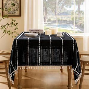 ZeeMart Hemstitched Embroidery Striped Boho Tablecloth 60x84 Inch Black, Heavy Weight Farmhouse Burlap Linen Black Tablecloth, Wrinkle Resistant Washable Table Cloth for Rectangle Table