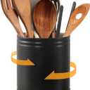 DOWAN 7.6" 360 Rotating Utensil Holder, Kitchen Utensil Holder for Countertop, Ceramic Utensil Crock, Large Cooking Utensil Caddy for Kitchen Counter, Protection Cork Bottom, Black