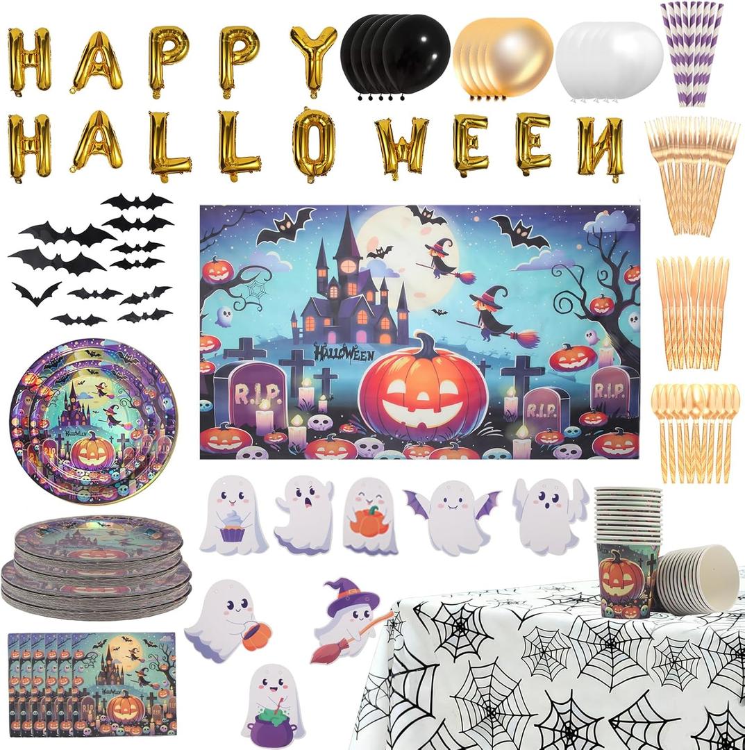 278 Pcs Happy Halloween Tableware Party Supplies Contain Forks Spoons Knives Paper Plates Balloons Tablecloth Ghost Banner Backdrop Bat stickers (Type 2)