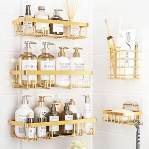 Liuoud 5 Pack Shower Caddy Organizer Rack Shelf for Inside Shower, Self Adhesive Wall Storage Basket Rustproof Stainless Steel Shampoo Holder Bathroom Accessory Decor Set, Gold