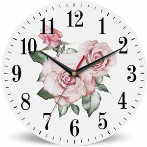Mxocom Pink Rose Wall Clock Branch of Flowers Leaf and Buds 10 Inch Silent Non Ticking Battery Operated Clock Vintage Round Clock for Living Room Bedroom Bathroom Office Decor