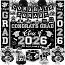 Black and Silver Graduation Decorations 2026 Set, All-in-1 Kit with Congrats Grad Banner Class of 2026 Backdrop Porch Sign Balloons Centerpieces Card Box Pom Poms Streamers for College High School