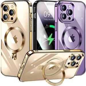 [CD Loop Compatible with MagSafe Invisible Ring Stand]Magnetic for iPhone 14 Pro Max Case, [Electroplated Bumper Non-Yellowing][Look as Bare iPhone]Slim Clear Case with Holder for Women Men Girls (Gold)