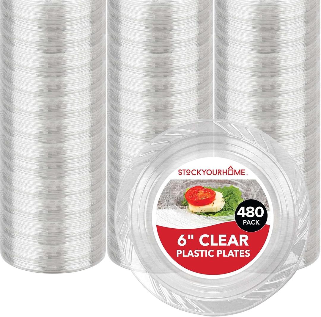 Stock Your Home 6-Inch Clear Plastic Dessert Plates (480 Pack) Flexible Disposable Clear Plates for Dessert & Appetizers, Crystal Clear Small Plates for Parties & Catering, Clear Plastic Party Plates