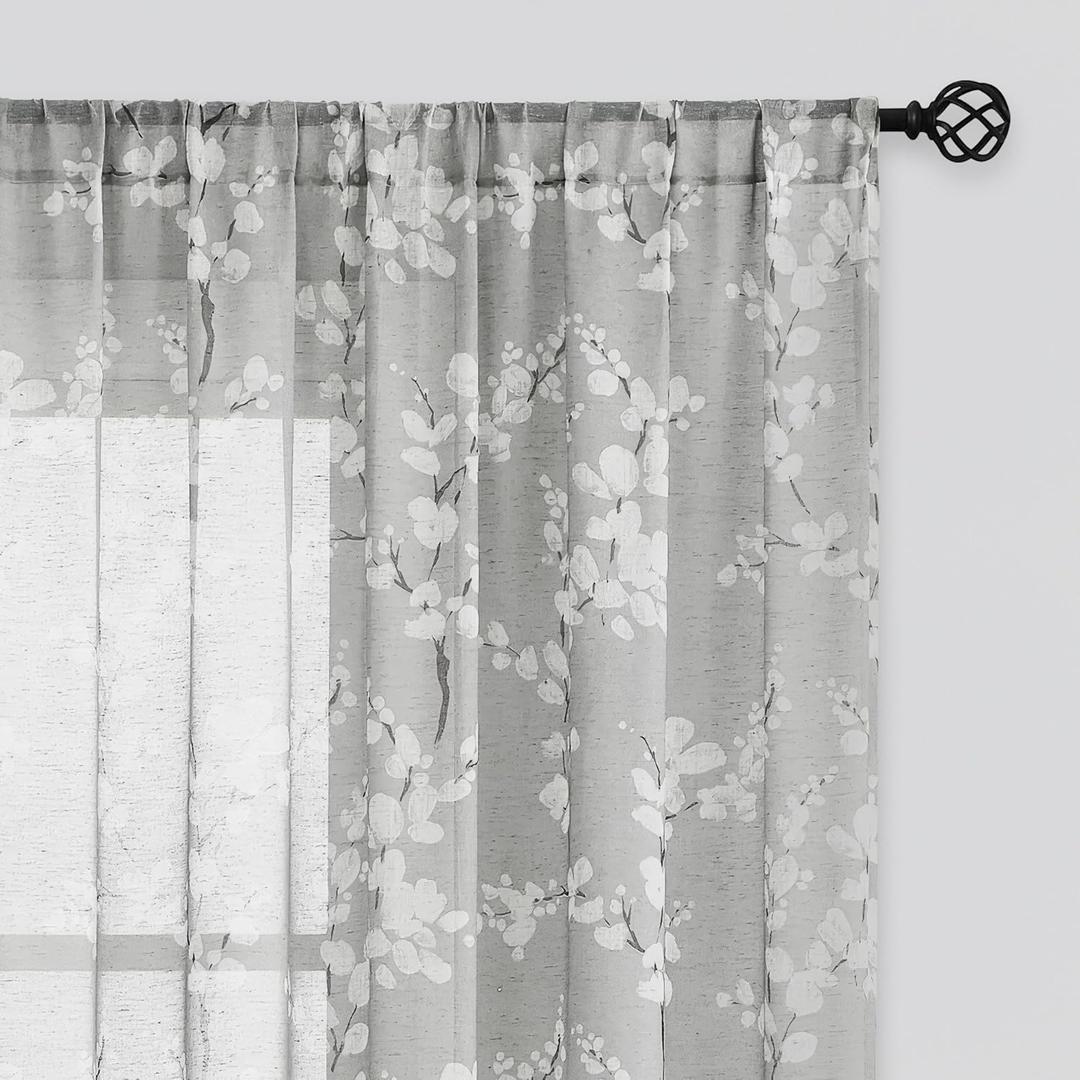 FMFUNCTEX Linen Sheer Curtains for Bedroom, Grey White Blossom Print Curtains 96 Inches Long for Living Room,Floral Patterned Farmhouse Curtain Light Filtering Window Drapes 2 Panels, Rod Pocket