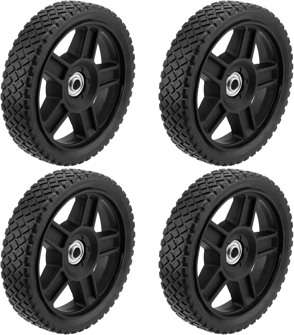 KEILEOHO 4 Pack 8 Inch Push Mower Wheels, Plastic Spoked, Rubber Replacement with Tire, 1/2 Inch Bore/Spoke Hole Universal for Hand Trucks, Lawn Mowers, Black