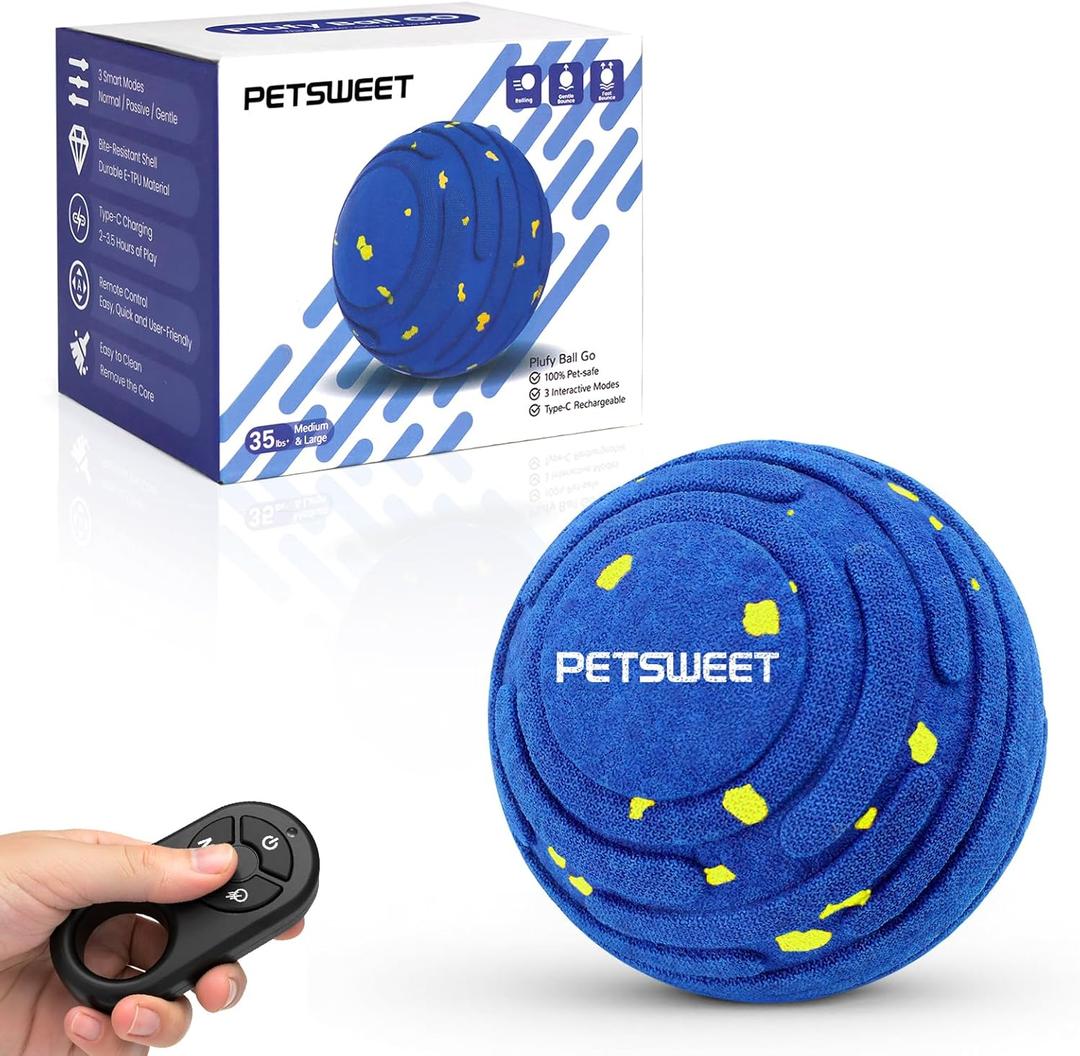 Smart Interactive Dog Toy with Remote Control, E-TPU Toy Ball for Aggressive Chewers, Automatic Moving, IPX6 Waterproof, Rechargeable Rolling Ball for Small/Medium/Large Dogs, BLU&YLW