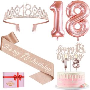18th Birthday Decorations for Girls, Including 18th Birthday Sash and Tiara, Cake Topper and Candles, Number Balloons, 18 Year Old Gifts for Girls