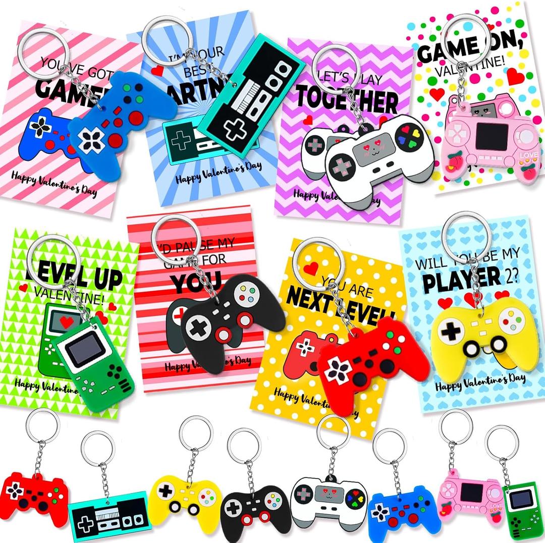Japior 24 Pack Valentines Day Cards with Fun Video Games Keychains for Exchange Gifts,8 Designs Valentines Keychains and Encouragement Cards Party Favor Goodies Bag Stuffers