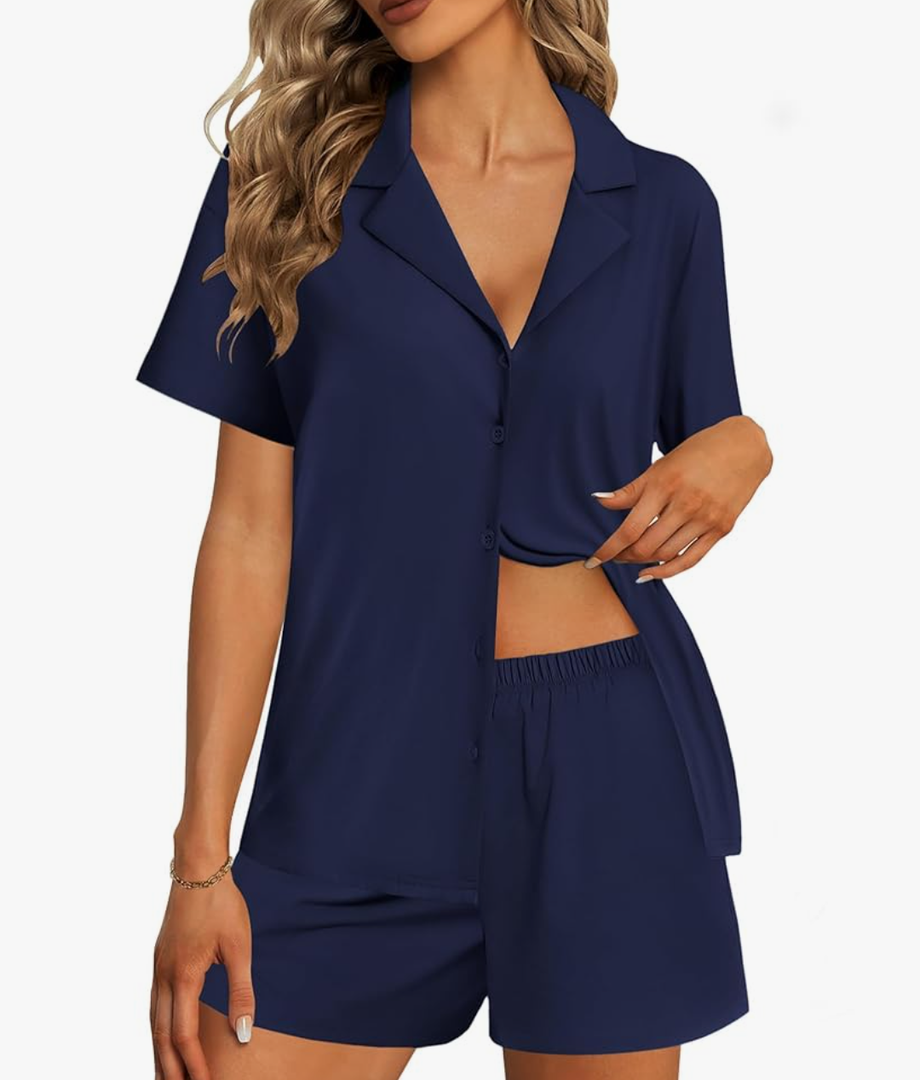 Ekouaer Womens Pajama Sets 2 Piece Cotton Pjs Button Down Sleepwear Short Sleeve Lounge Set with Pockets, (Medium, Blue)