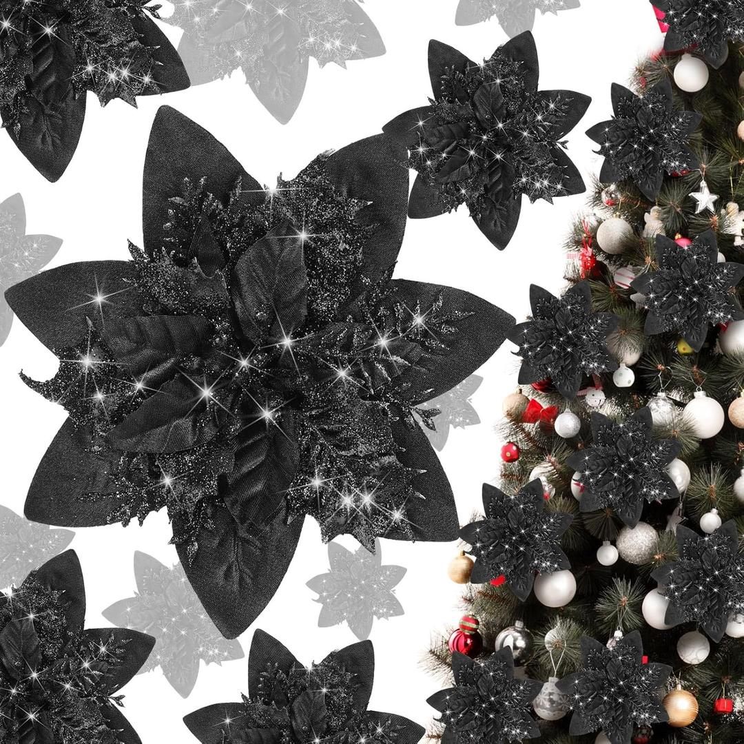 Geosar 36 Pieces Glitter Christmas Poinsettia Artificial Xmas Flower Ornaments Flowers Decorations with Clips and Stem Glitter Poinsettia Christmas Tree Ornaments for Xmas Wedding (Black)