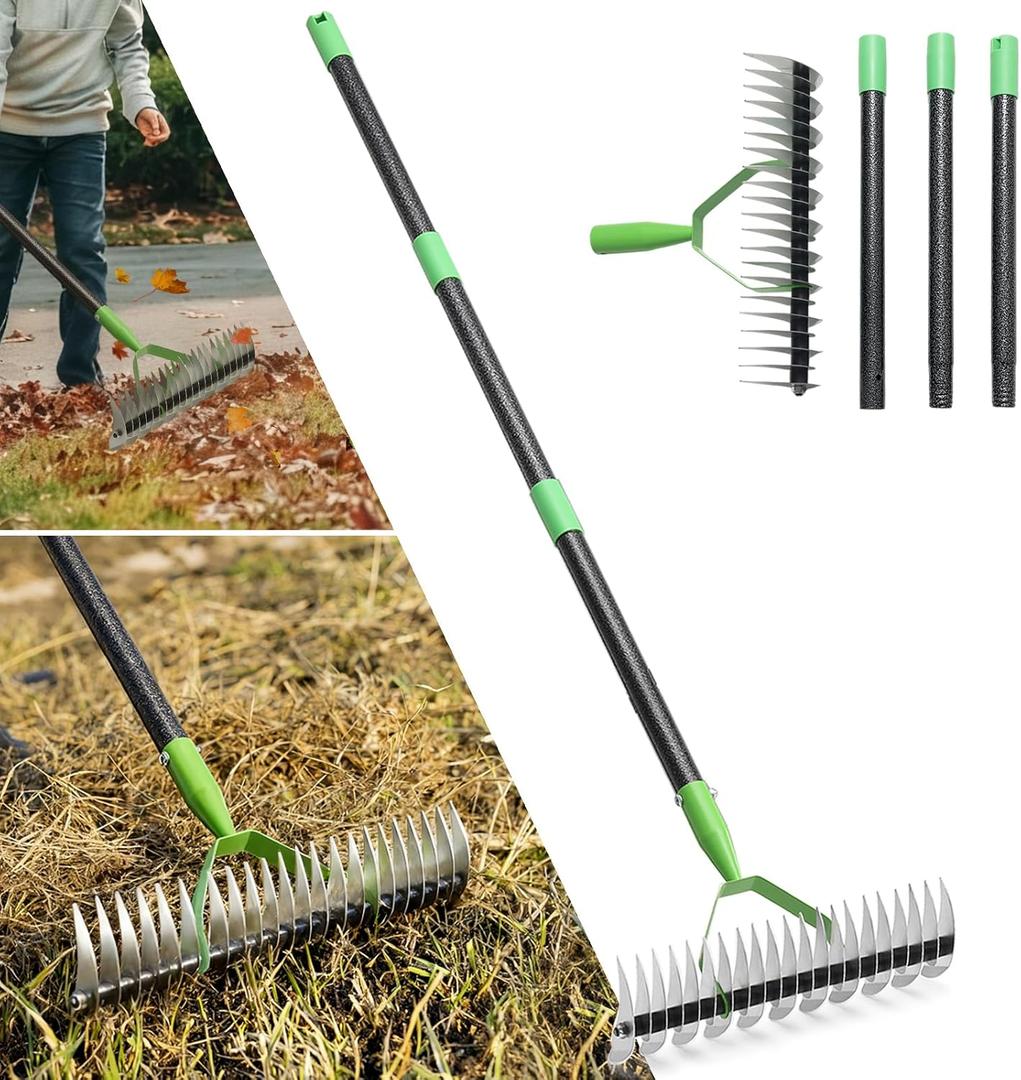 Thatch Rake, 13" Wide Efficient Dethatcher Rake with 55" Adjustable Long Handle, Heavy Duty Steel Metal Dethatching Rakes for Cleaning Dead Grass, Loosening Soil, Lawn Care in Yard Garden