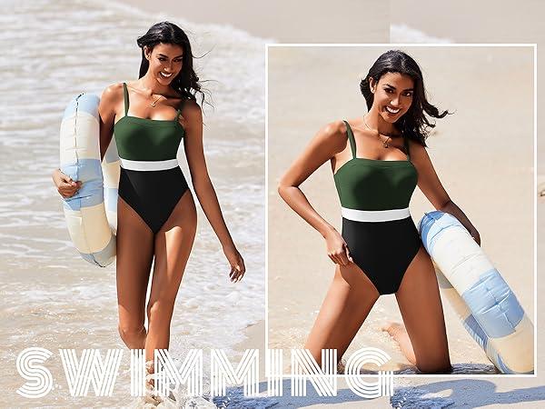 AI'MAGE Women's One Piece Swimsuit Color Block Bathing Suit Square Neck Swim Suits Vintage Retro Swimwear L