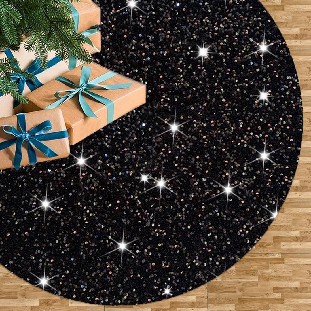 FUHSY Christmas Skirt Tree Black Sequin Tree Skirt 36 Inches Glittery Tree Mat Floor Decor Embroidery Round Xmas Trees Skirts Black Halloween Trees Skirts for Indoor Outdoor Christmas Decorations
