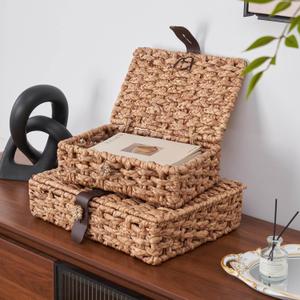 Wicker Storage Basket with Lid, 2-Piece Set Decorative Box with Lid, Water Hyacinth Woven Decorative Box for Shelf, Coffee Table, Console Table, Home Decor