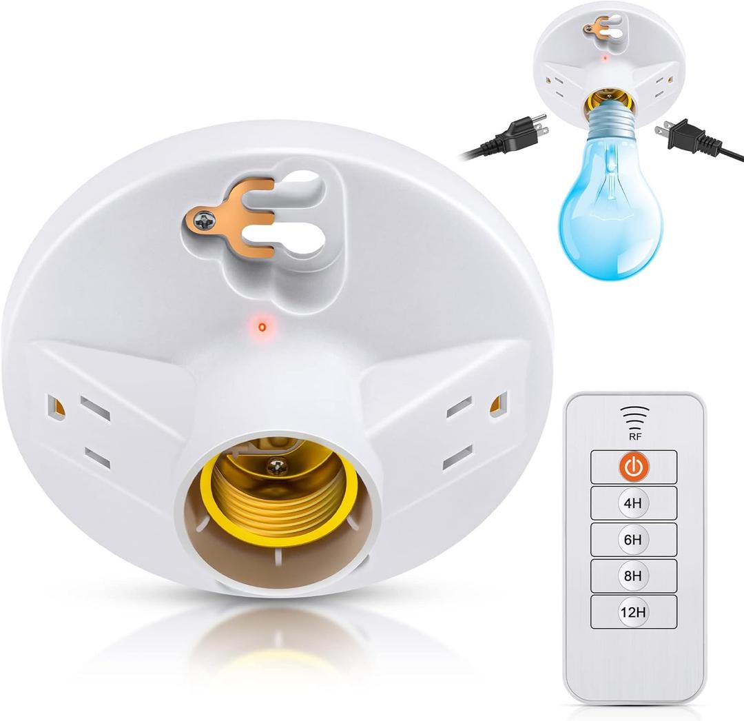 1 Pack Upgraded Remote Control Plastic Light Fixture with 2 Grounded Outlet and Timer Function, 125V 660W Light Bulb Fixture Socket Outlet, Ceiling Lampholder for Garage, Basement, Closet