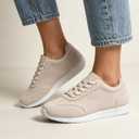 Women's Minimalist Suede Sneakers - Lace Up Casual Trainers in Beige for Everyday, Streetwear & Minimalist Outfits, 9.5