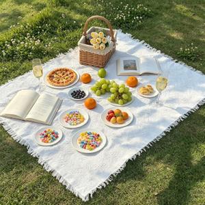 Boho White Cotton Picnic Blanket 91×71 Inch Extra Large, Woven Textured Tassel Outdoor Beach Mat, Machine Washable Portable Camping Blankets for Family Park Picnic, Boho Wedding Decor & Indoor Home